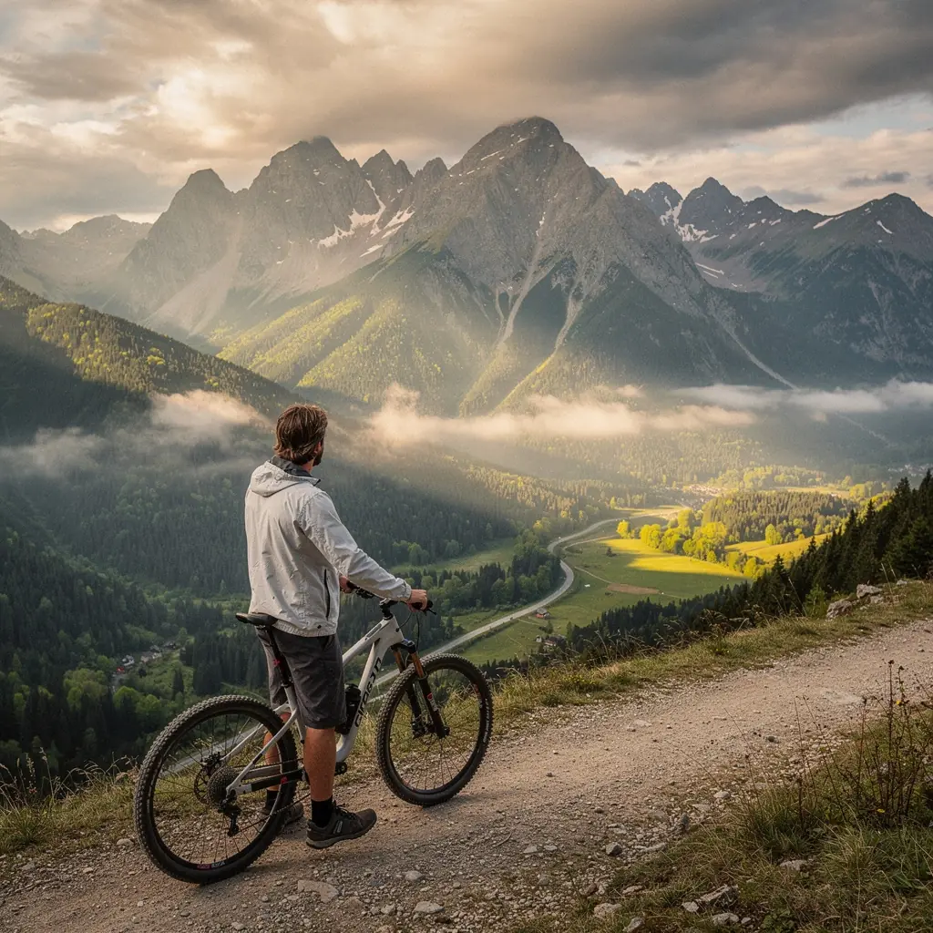 A cyclist navigating a rugged mountain path surrounded by breathtaking views of the Slovak mountains.